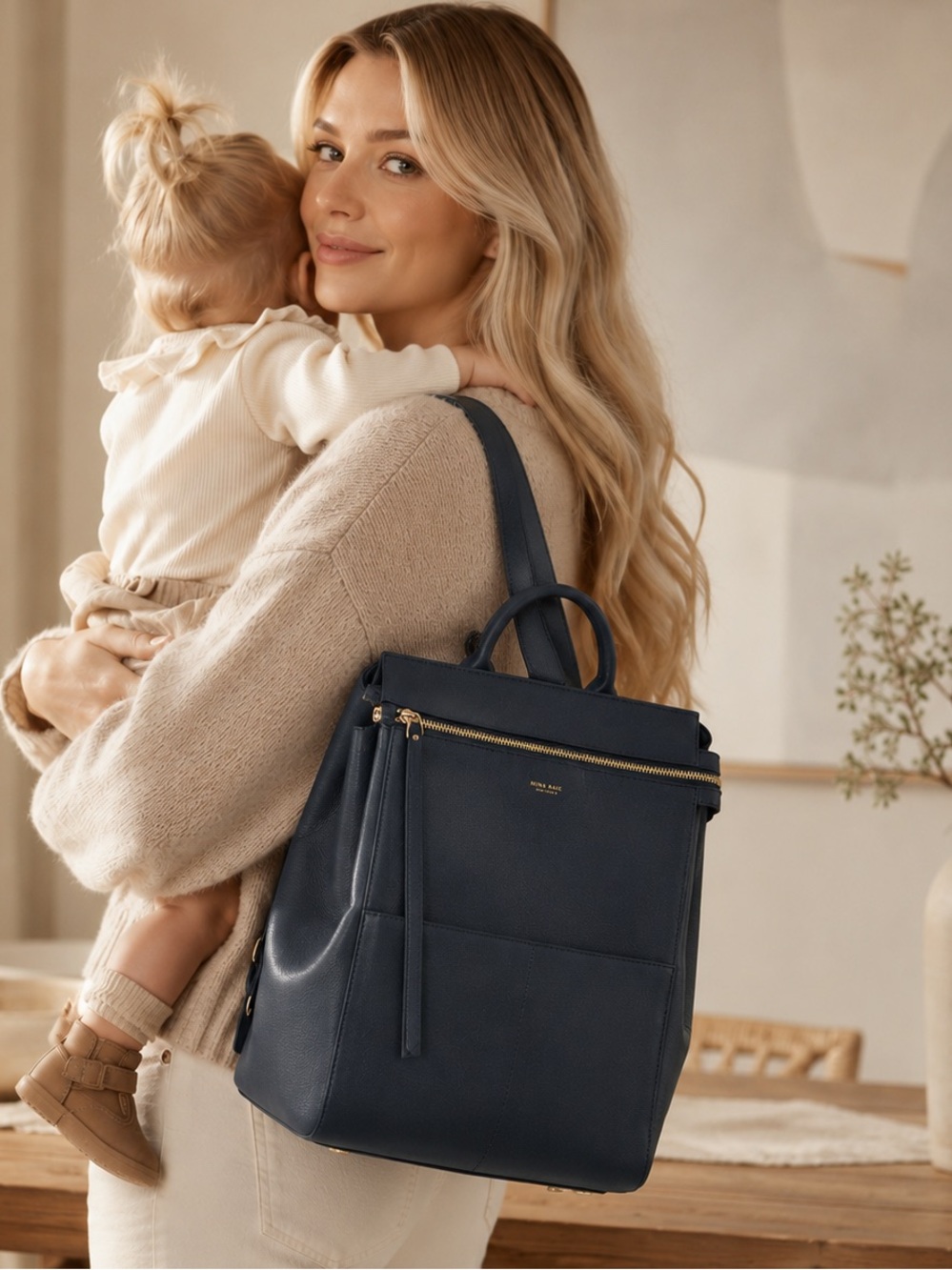 MINA BAIE Harper Midi Leather Backpack Baby Diaper Bag Navy Gold